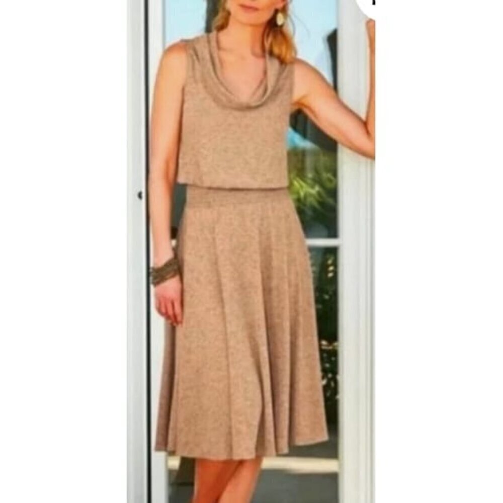 New Soft Surroundings Petite Kerry Dress Womens TS Tan Sleeveless Cowl Neck Tall